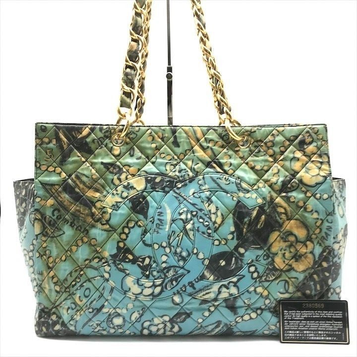 CHANEL 24K Vintage Large Tote Floral Graffiti Shoulder Bag Chain 1993