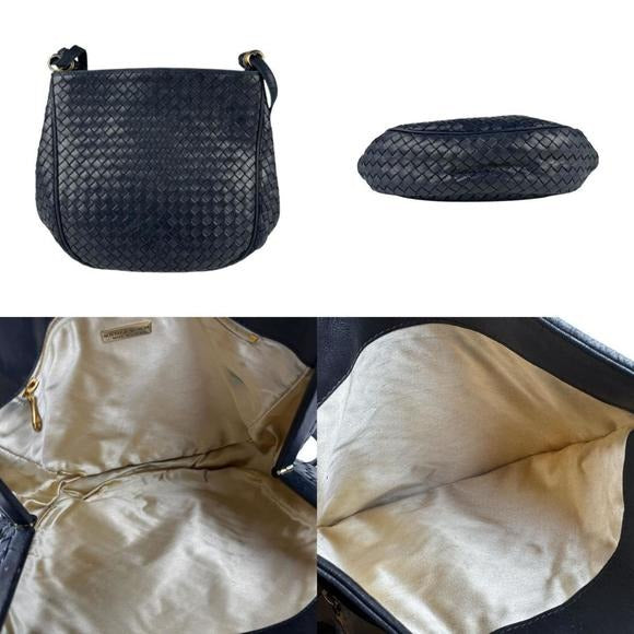 Bottega Veneta Intrecciato Nappa Shoulder Bag Purse Navy Black Leather