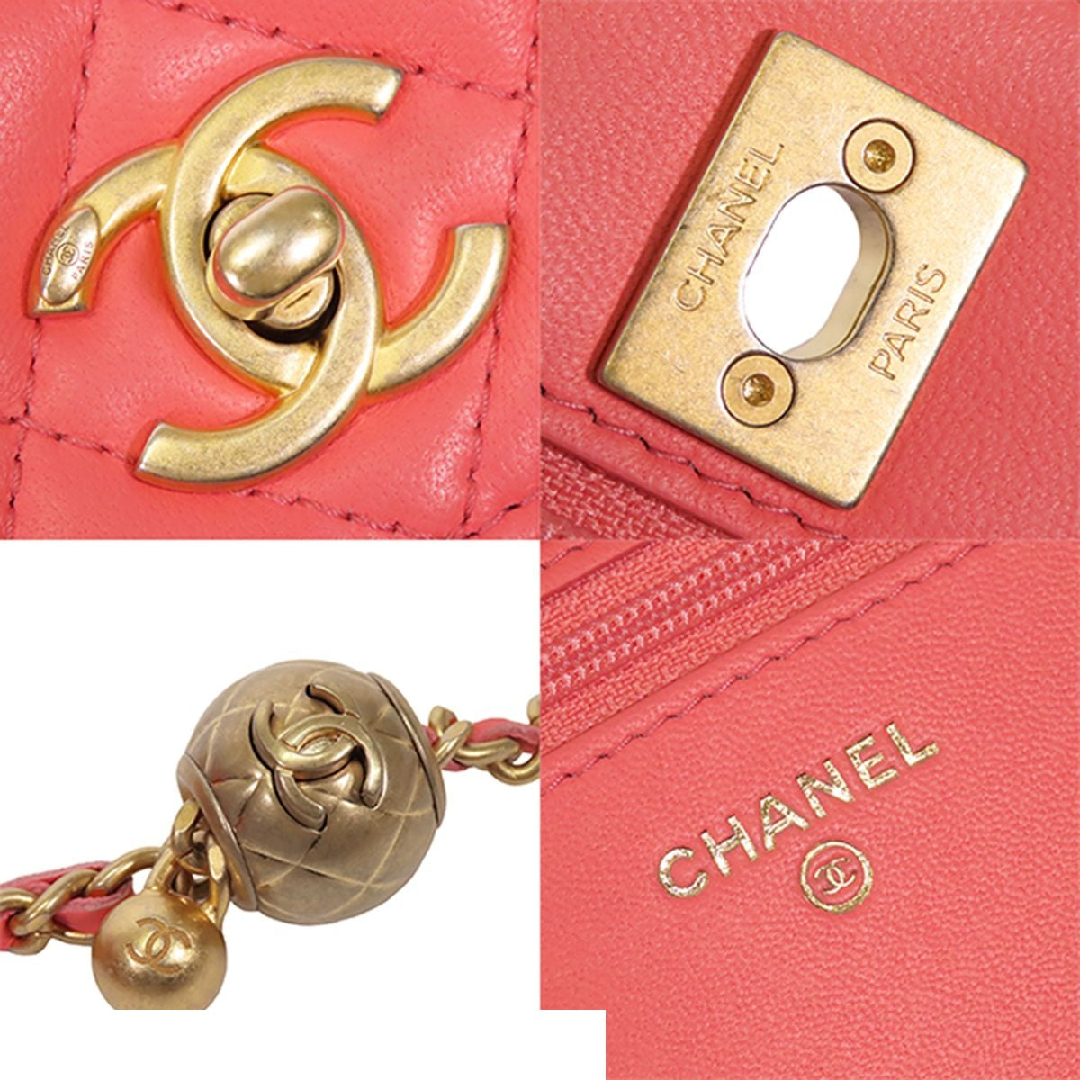 Chanel Chain Wallet Pink Gold Lambskin Quilted Pochette Coco Ball Shoulder Bag — view 8