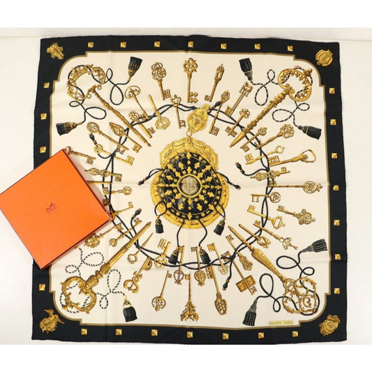 HERMES Silk Scarf Carre 90 Les Cles The Keys by Caty Latham Black White