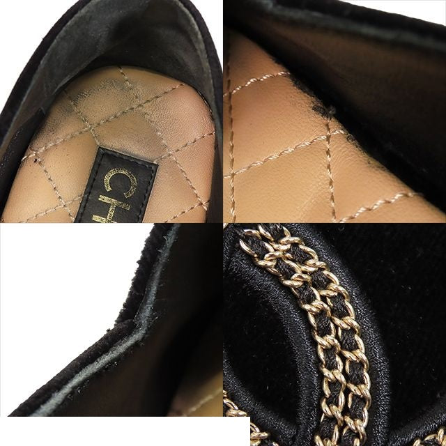 Chanel Espadrilles Black Gold Velvet Jute Flat Shoes Slip-on Chain CC Logo — view 8