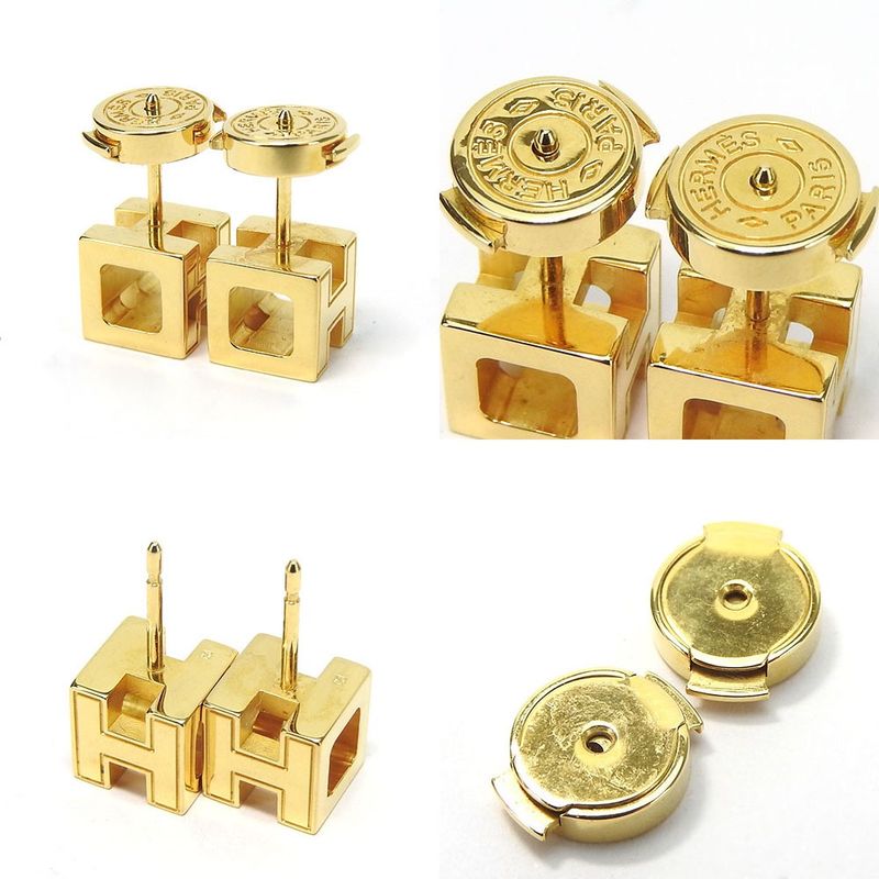 Hermes Earrings Cage De Ashe H Cube Light Blue Gold Plated GP Approx 5.7g