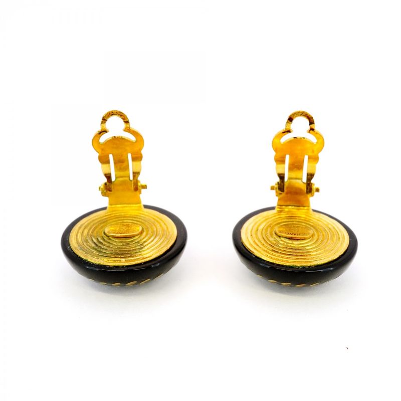 Chanel Earrings Vintage Coco Mark Round Shape Circle GP Plated Gold Black Cles