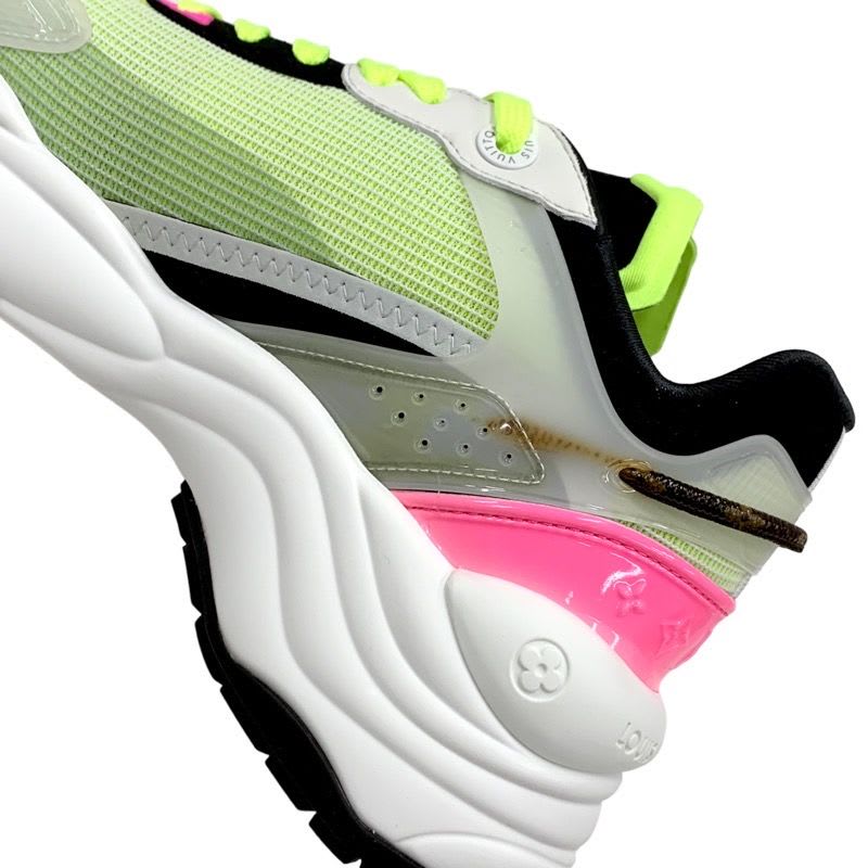 Louis Vuitton Run 55 Line Monogram Sneakers Shoes Fabric Neon Yellow Pink