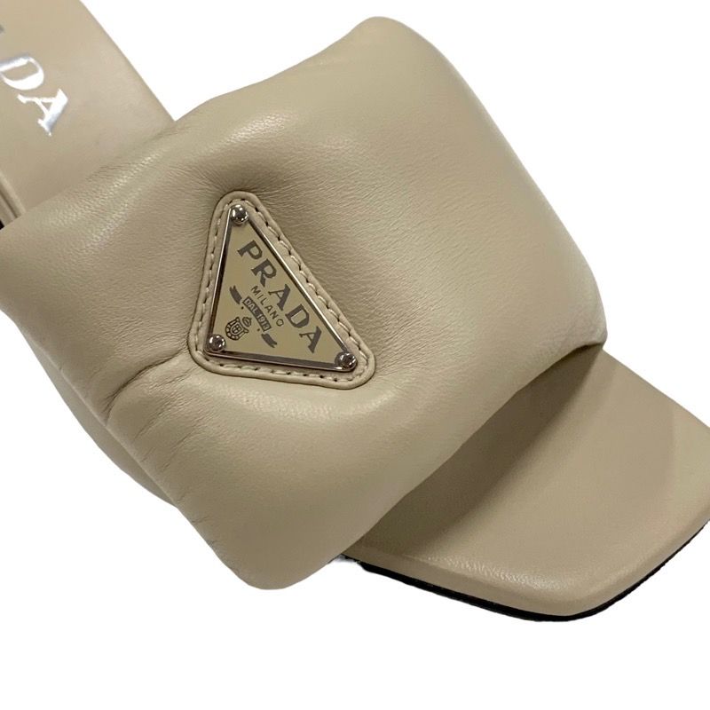 Prada Sandals Shoes Padded Nappa Leather Beige Triangle Logo Mules