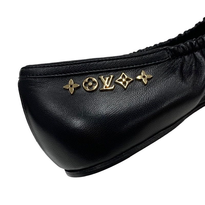 Louis Vuitton Mari Line Flat Shoes Leather Black Gold Logo Ribbon Ballet