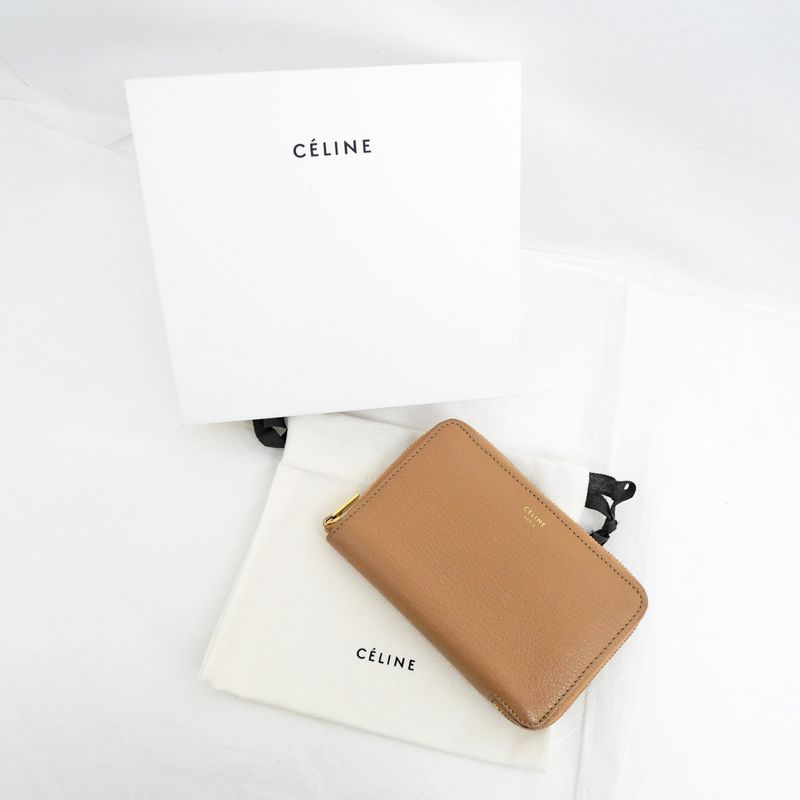 Celine Medium Zip Wallet Beige Brown Zipper Type Bifold Wallet Women's