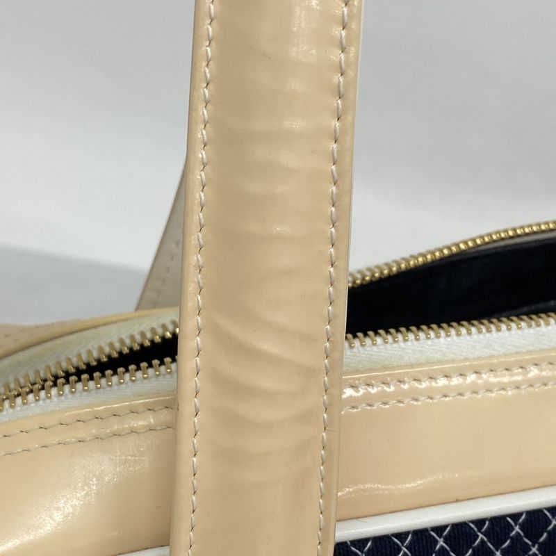 Chanel Handbag Canvas Patent Leather Navy Ivory Gold Hardware Women