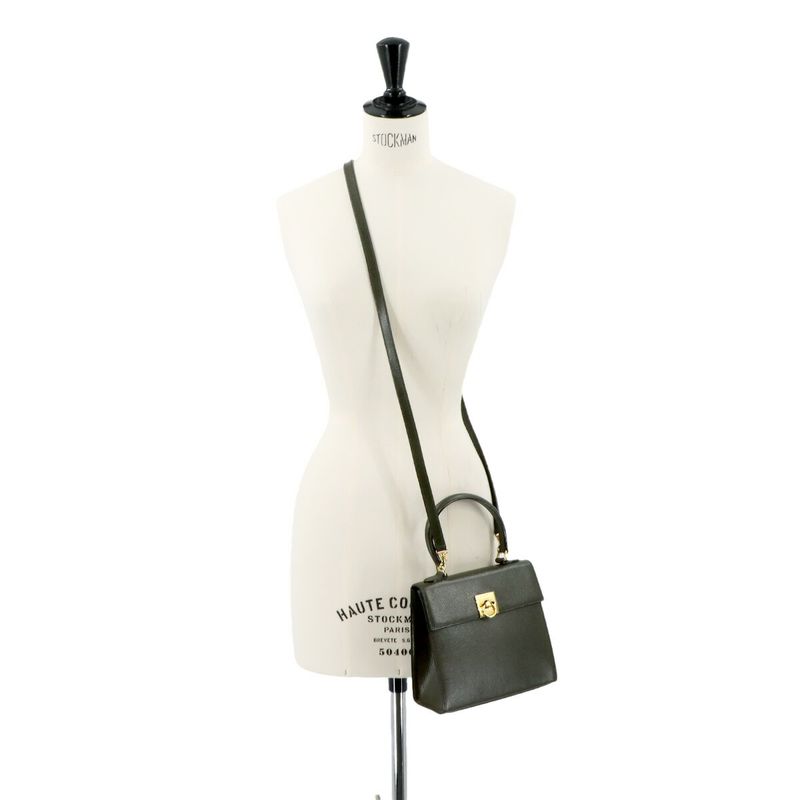 Celine Gancini 2way Hand Shoulder Bag Leather Khaki Gold Hardware Vintage