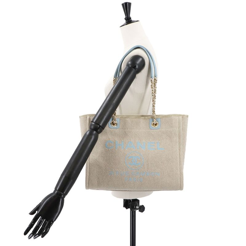 Exhibit Chanel Deauville MM Chain Tote Bag Canvas Beige Blue A67001 Gold