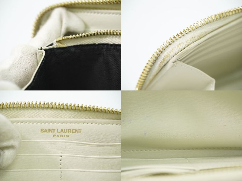 Authentic Saint Laurent Leather Round Zipper Long Wallet Long Wallet Ivory