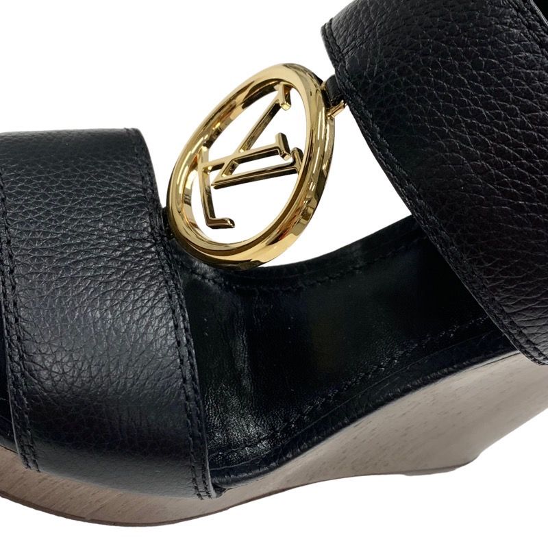 Louis Vuitton Sandals Shoes Leather Wood Black Gold LV Circle Wedge Sole