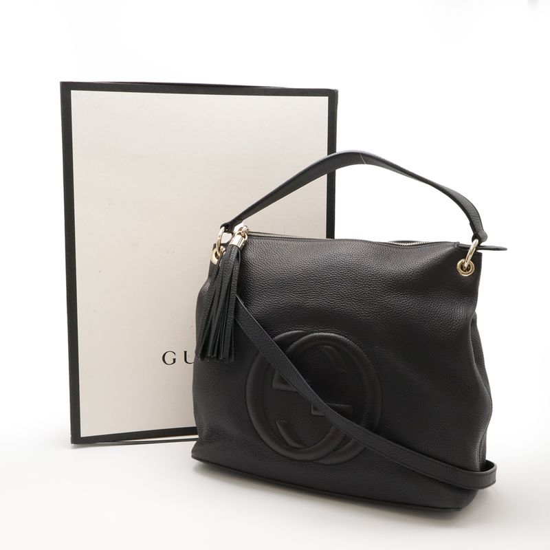 Gucci Soho Interlocking G Fringe Tassel Shoulder Bag 2WAY Handbag Leather Black