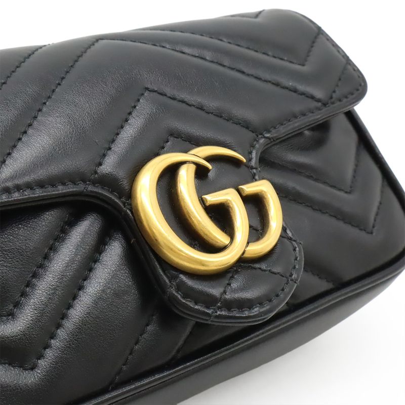 Gucci GG Marmont Super Mini Bag Chain Shoulder Bag Pochette Black Quilted