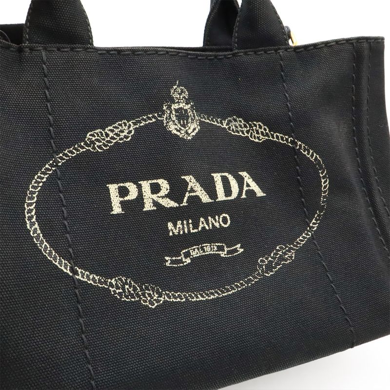 Prada Canapa Tote Bag 2WAY Shoulder Bag Crossbody Canvas NERO Black Gold