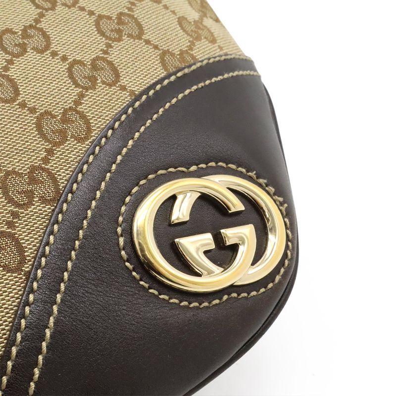 Gucci GG Canvas Shoulder Bag Crossbody Leather Khaki Beige Dark Brown Gold