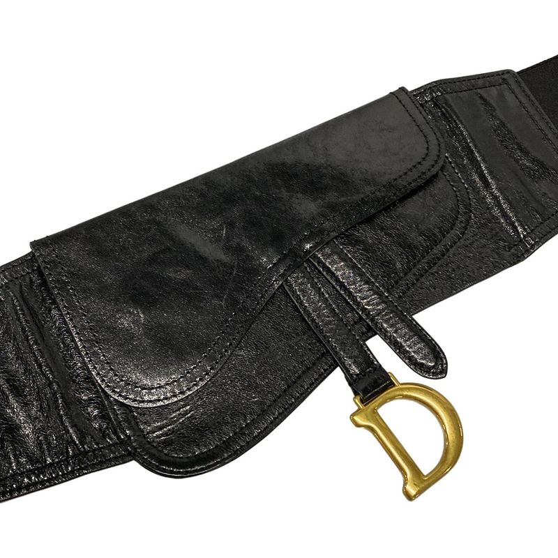 Dior/christian Dior Belt Saddle Belt Bag Black And Gold Wide Belt Leather