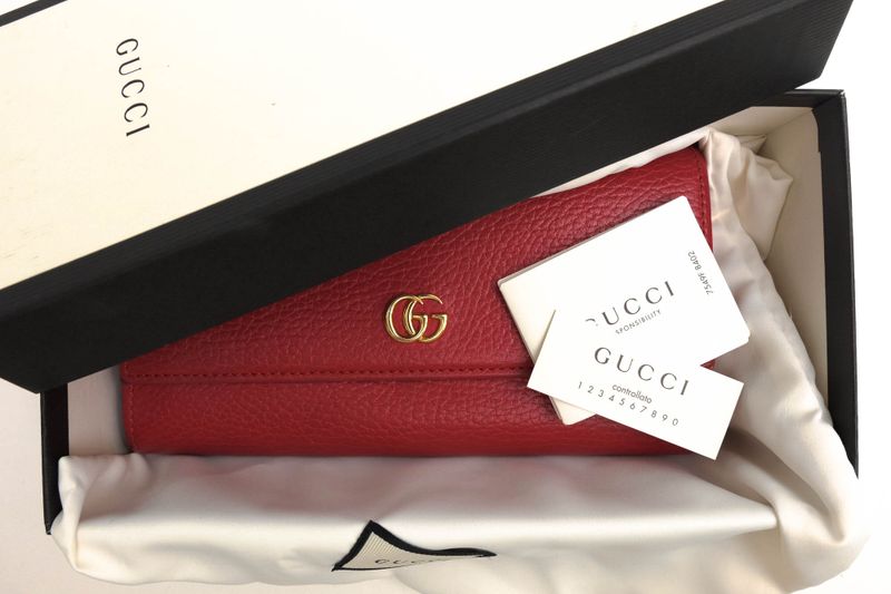 Gucci Long Wallet Women Leather Genuine Red 456116 Cao0g 1000 GG Marmont