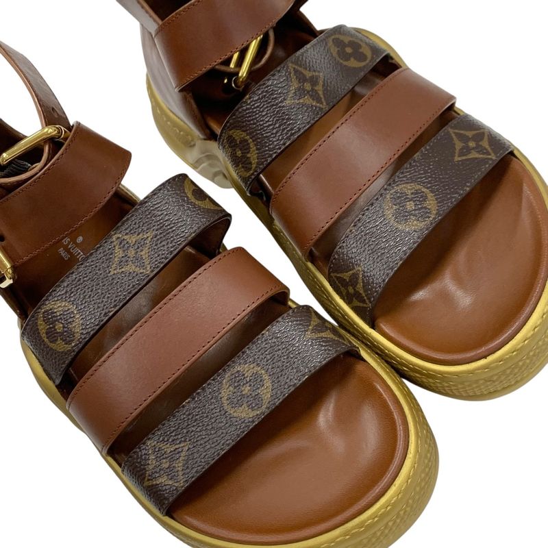 Louis Vuitton Arclight Line Monogram Sandals Shoes Leather Brown Gold