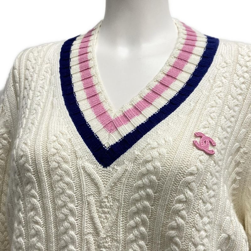 Chanel Long Sleeve Sweater Size 38 M Women - P74550 White X Pink X Navy V-neck