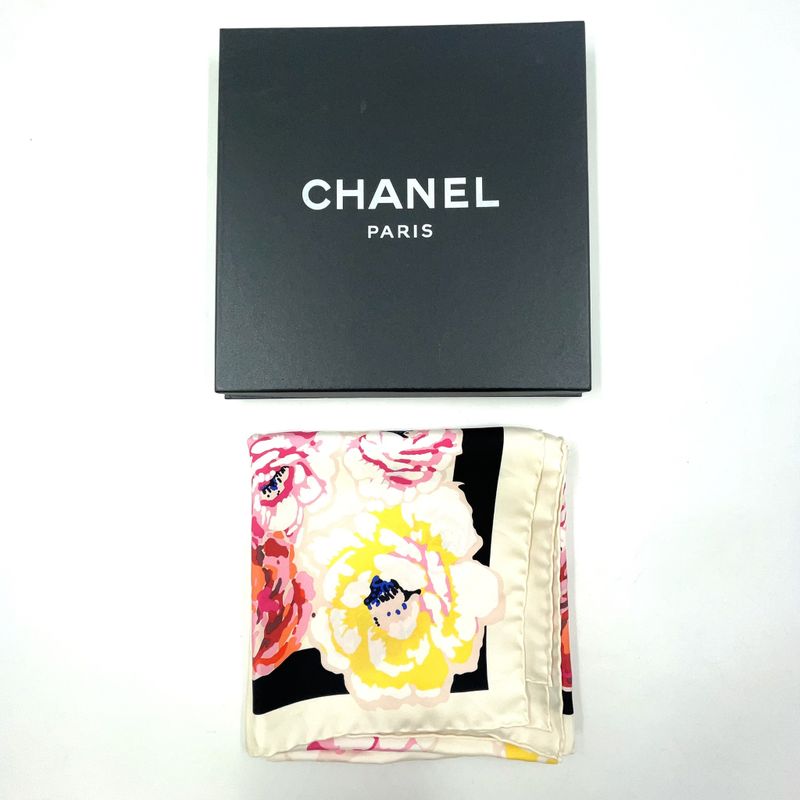 Chanel Camellia-patterned Silk Off-white Scarf