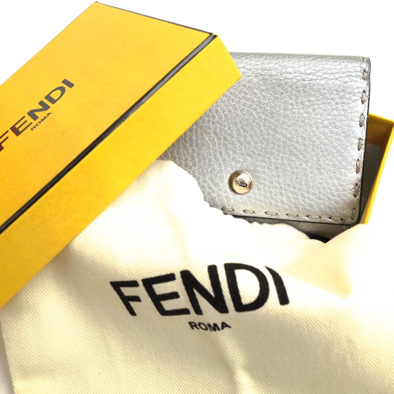 Fendi Card Case Business Card Holder Women Leather Genuine Silver 8m0217