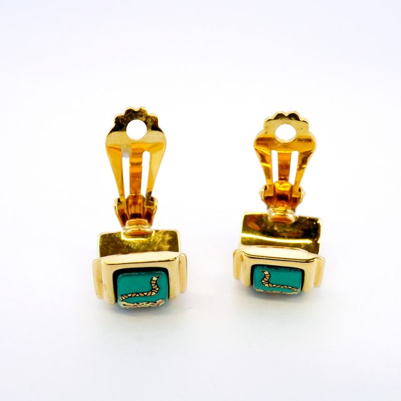 Hermes Earring Emile GP Plated Cloisonne Gold Green Multicolor Ladies