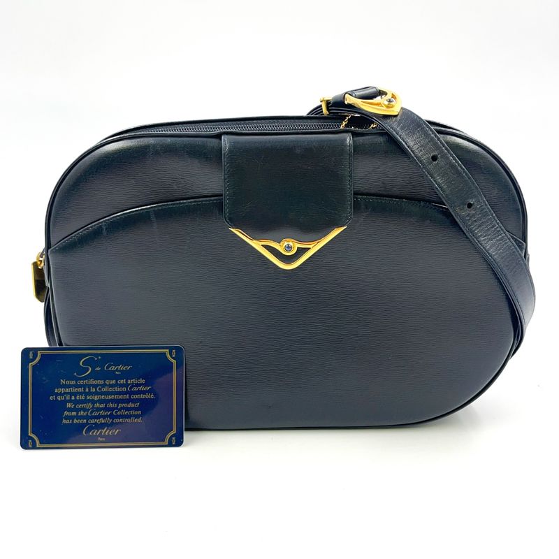 Cartier Sapphire Line Leather Black Shoulder Bag Gold