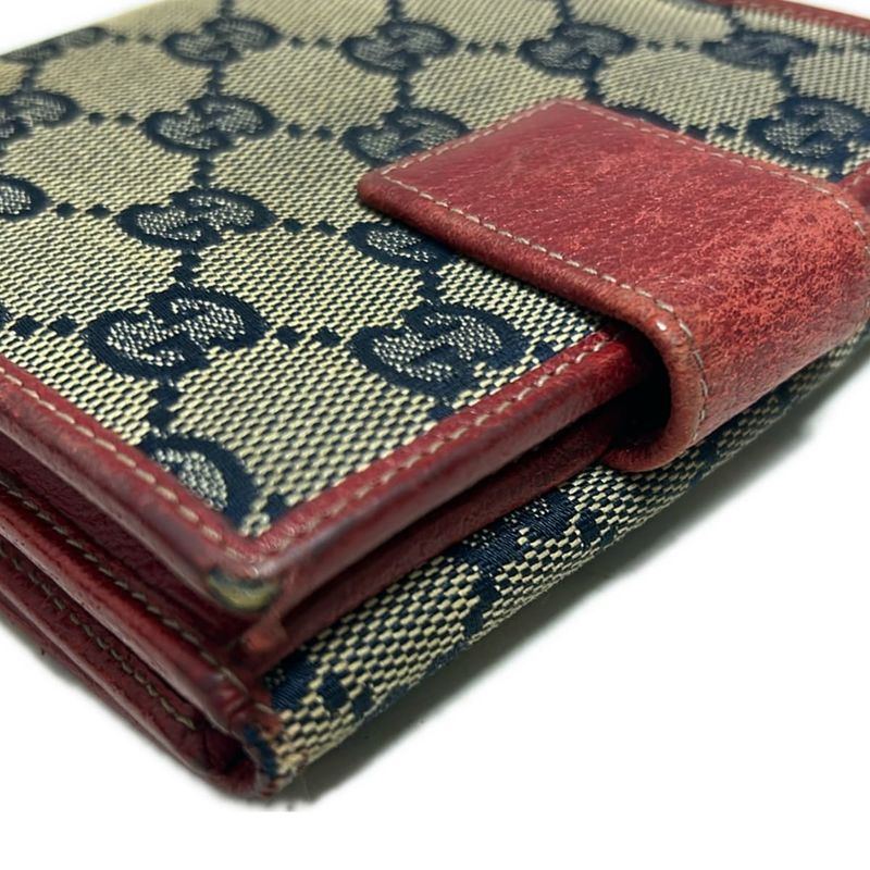 Gucci W Hook Wallet In GG Pattern Navy And Gray Beige And Red Leather