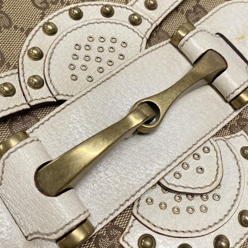 Gucci Shoulder Bag Horsebit/gg Pattern 144010 Beige/brown/ivory Studded Leather