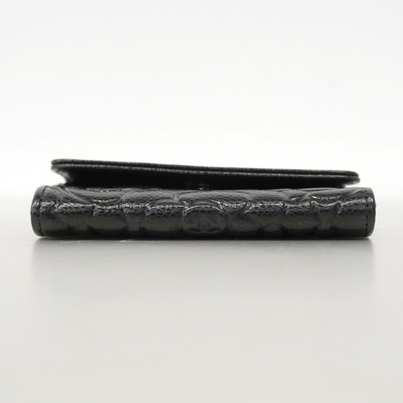 Chanel Card Case Camellia Caviar Skin Black Silver Hardware Women