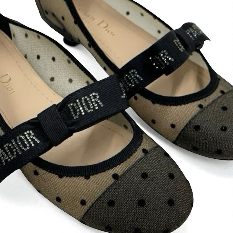 Christian Dior Ja Flat Shoes Mesh Fabric Black Logo Dot Ribbon Rhinestone