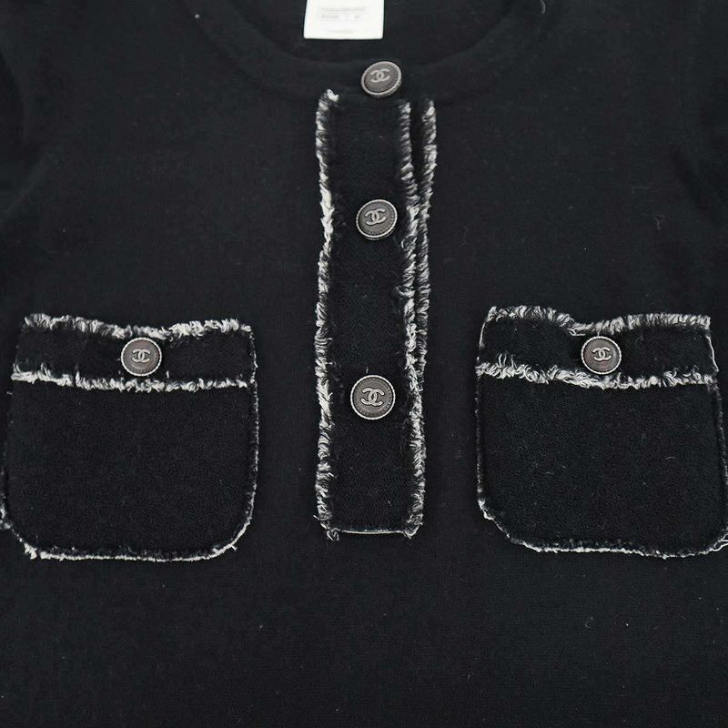 Chanel Coco Mark Button Tweed Fringe Cashmere Knit Dress P42061w04956 Black 38
