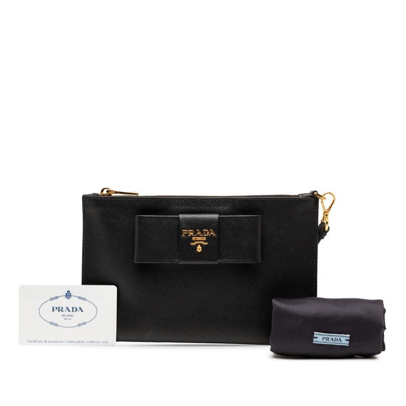 Prada Ribbon Clutch Bag Wristlet Pouch 1nh001 Black Leather Women Prada
