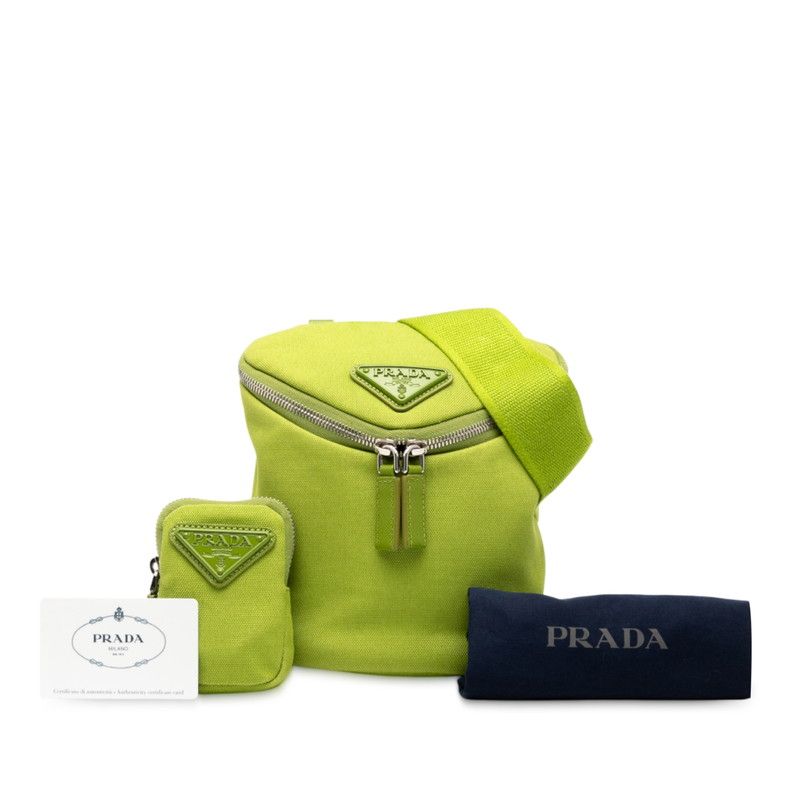 Prada Triangle Logo Plate 2vh147 Green Canvas Leather Women Prada