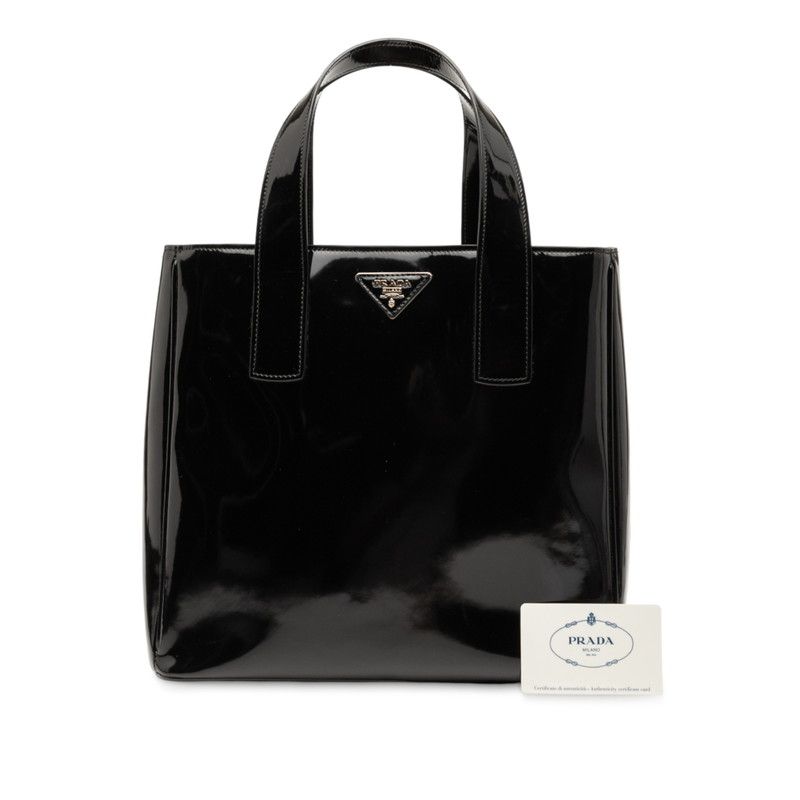Prada Triangle Logo Plate Handbag Tote Bag Black Patent Leather Women Prada