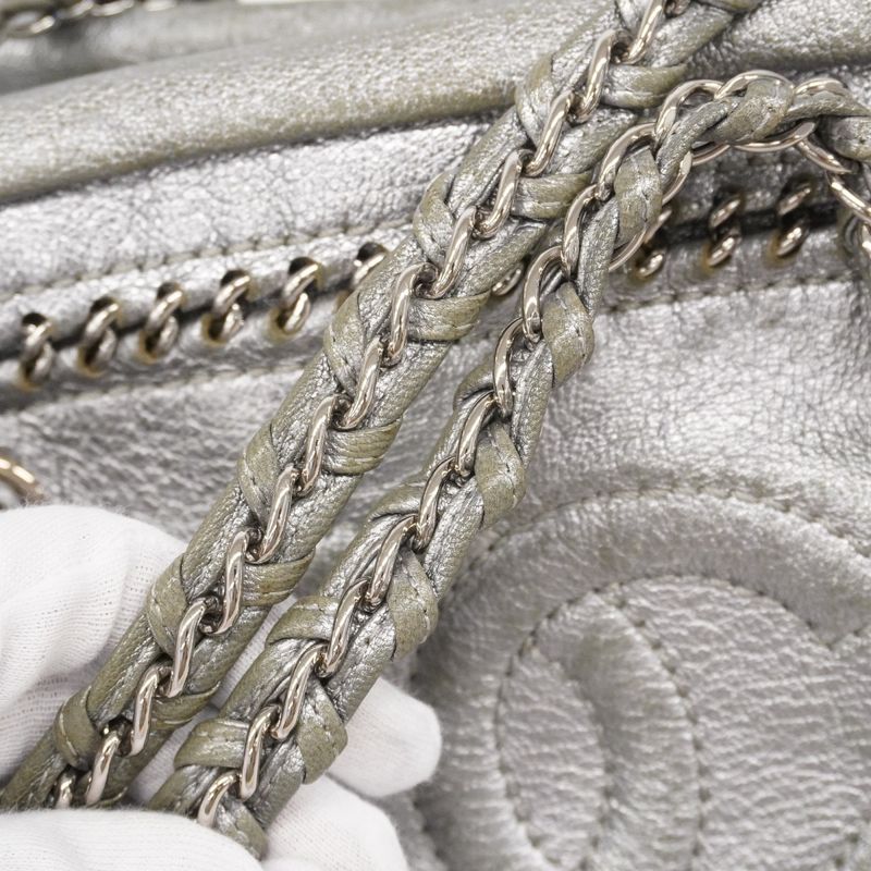 Chanel Shoulder Bag Luxury Leather Gray Silver Hardware Women