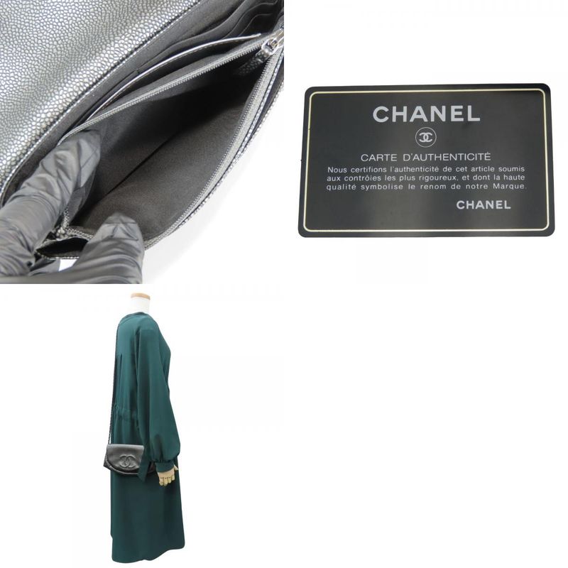 Chanel Shoulder Bag Half Moon Chain Wallet Metallic Soft Caviar Skin Silver