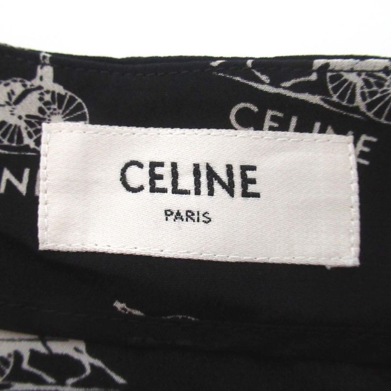 Celine Sulky Carriage Pattern Silk Flared Skirt Size 40 Black and White Women's