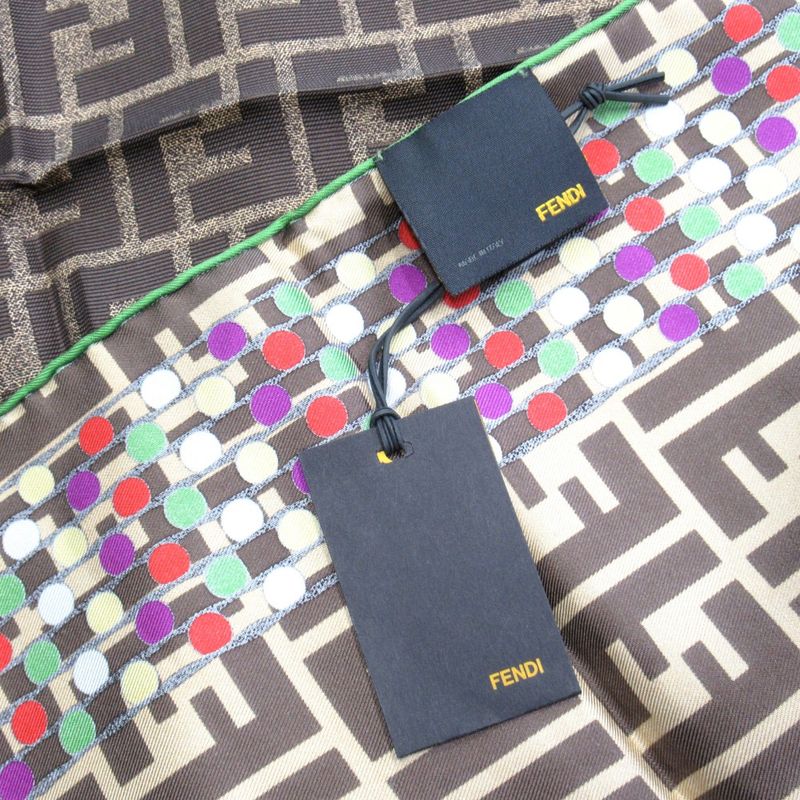 Unused Fendi FF Logo Zucca Pattern Silk Scarf Multidot All Over Fxt059 Brown