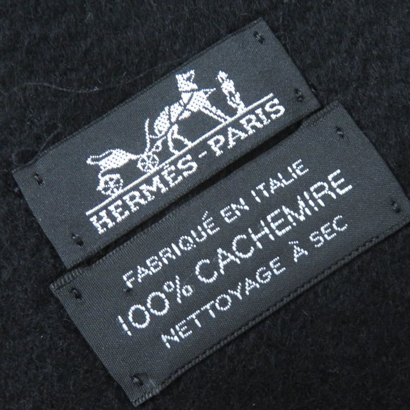 Hermes 100% Cashmere Logo Embroidery Fringe Super Large Shawl Scarf Black Made