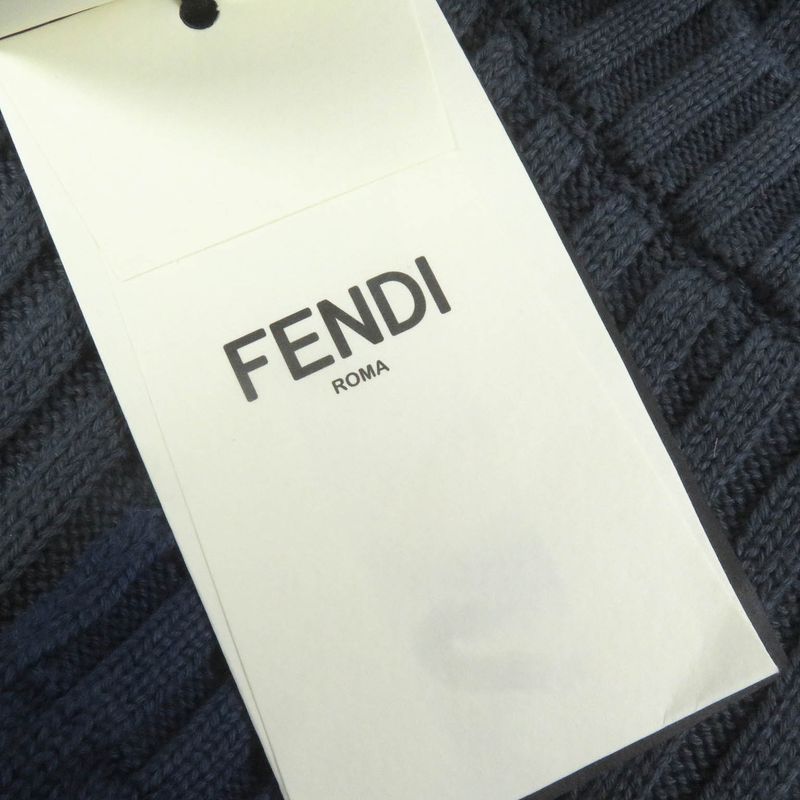 Fendi 2021 Fzx036 Cotton Cashmere FF Logo Pocket Ribbed Knit Sweater Blue Gray