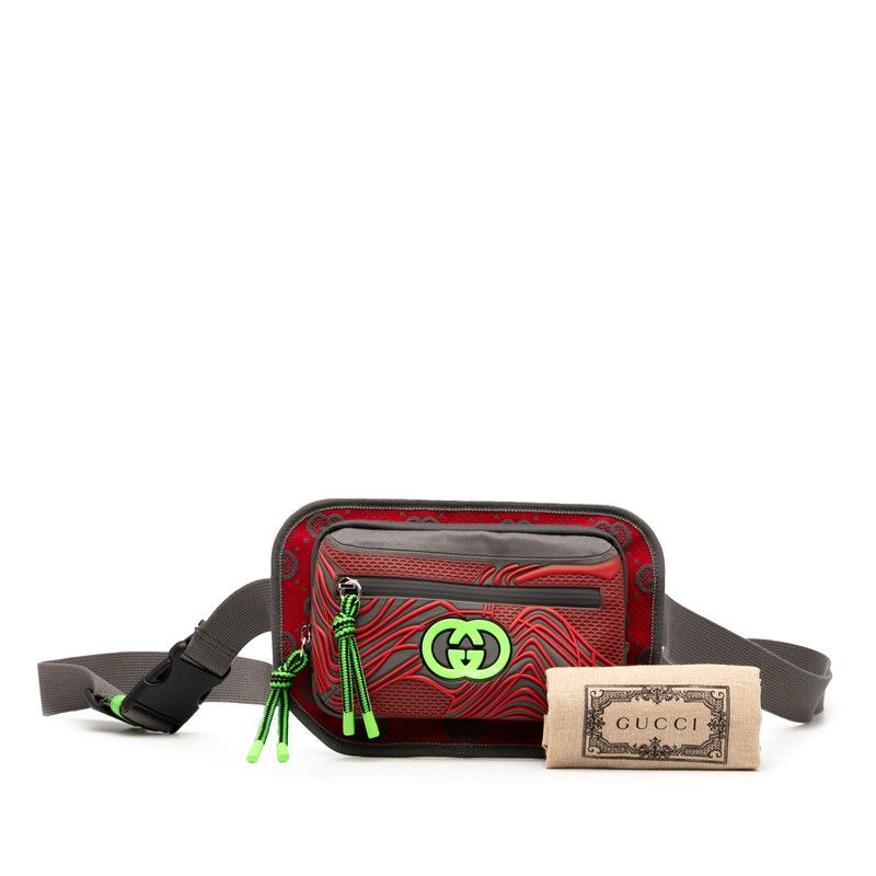Gucci GG Nylon Body Bag Waist Bag 752102 Grey Red Green Nylon Rubber Ladies