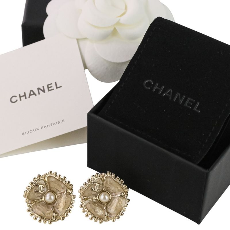 Chanel F23k Faux Pearl Camellia Coco Mark Earrings Chien Pan Gold Color Ladies