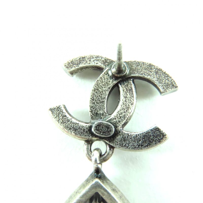 CHANEL 124A Abd777 Metal Crystal Coco Mark Bijoux Teardrop Earrings Silver With