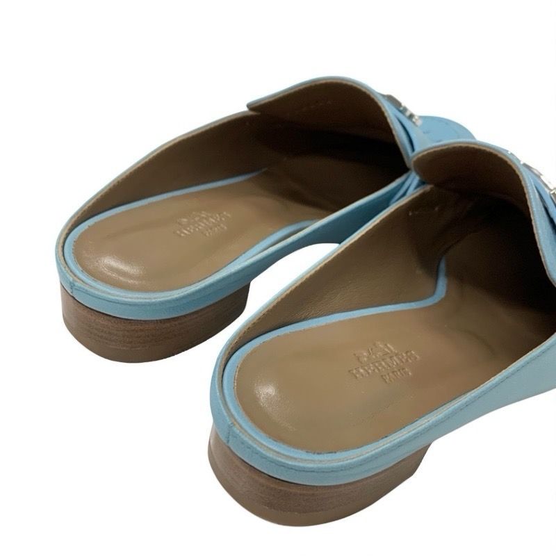 Hermes Rivoli Sandals Shoes Leather Light Blue Silver Hhardware Constance