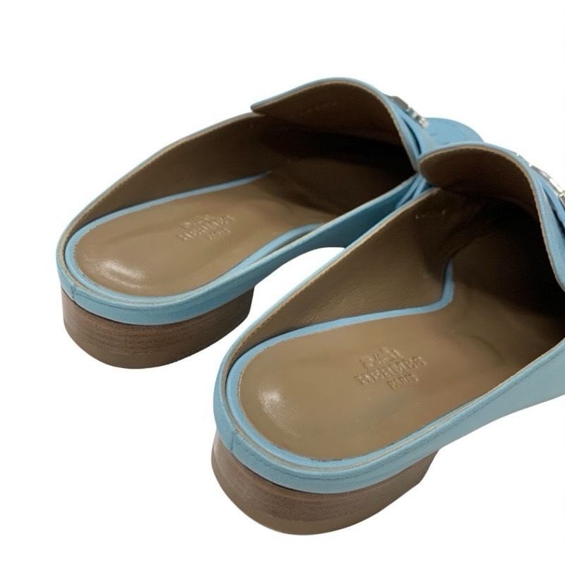 Hermes Rivoli Sandals Shoes Leather Light Blue Silver Hhardware Constance