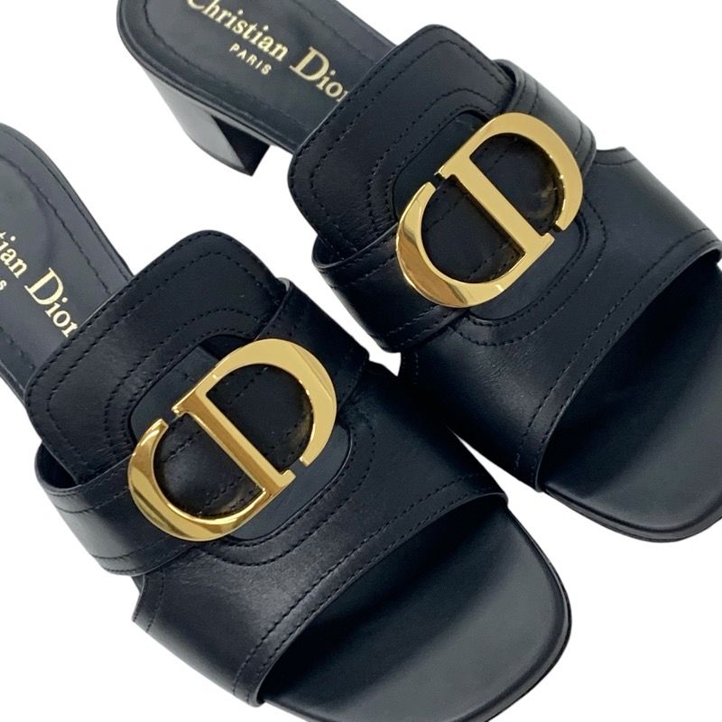 Christian DIOR 30 Montaigne Sandals Shoes Leather Black Gold Logo Mules