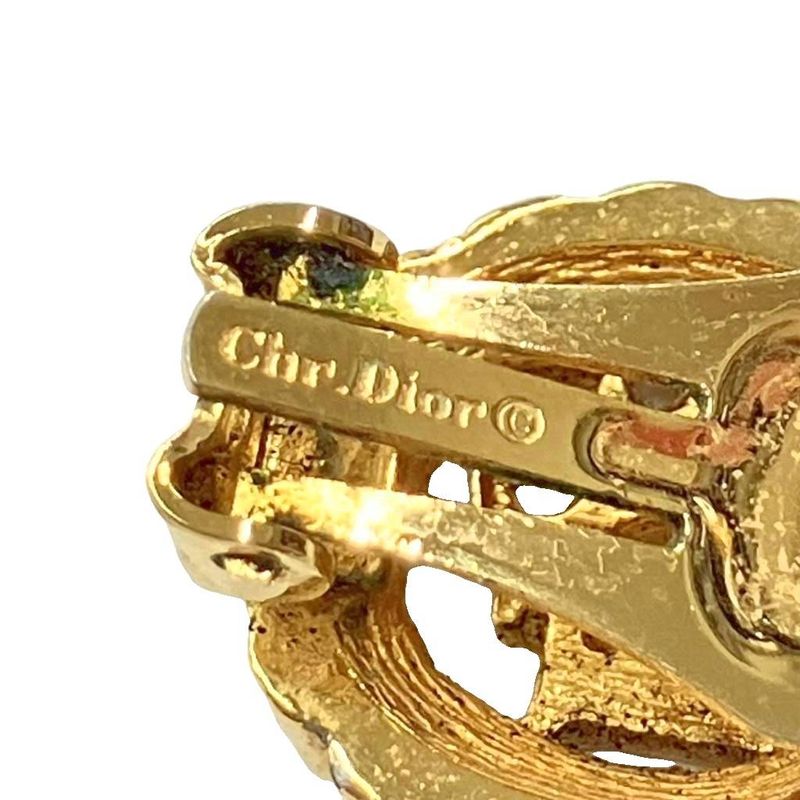 Christian DIOR Logo Rhinestone Earrings Accessories Gold Color - GY47 Women
