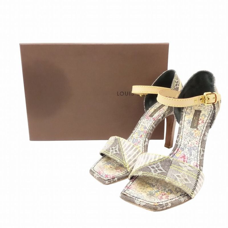 Louis Vuitton Monogram Denim Sandals Patchwork Ankle Strap High Heel 23cm